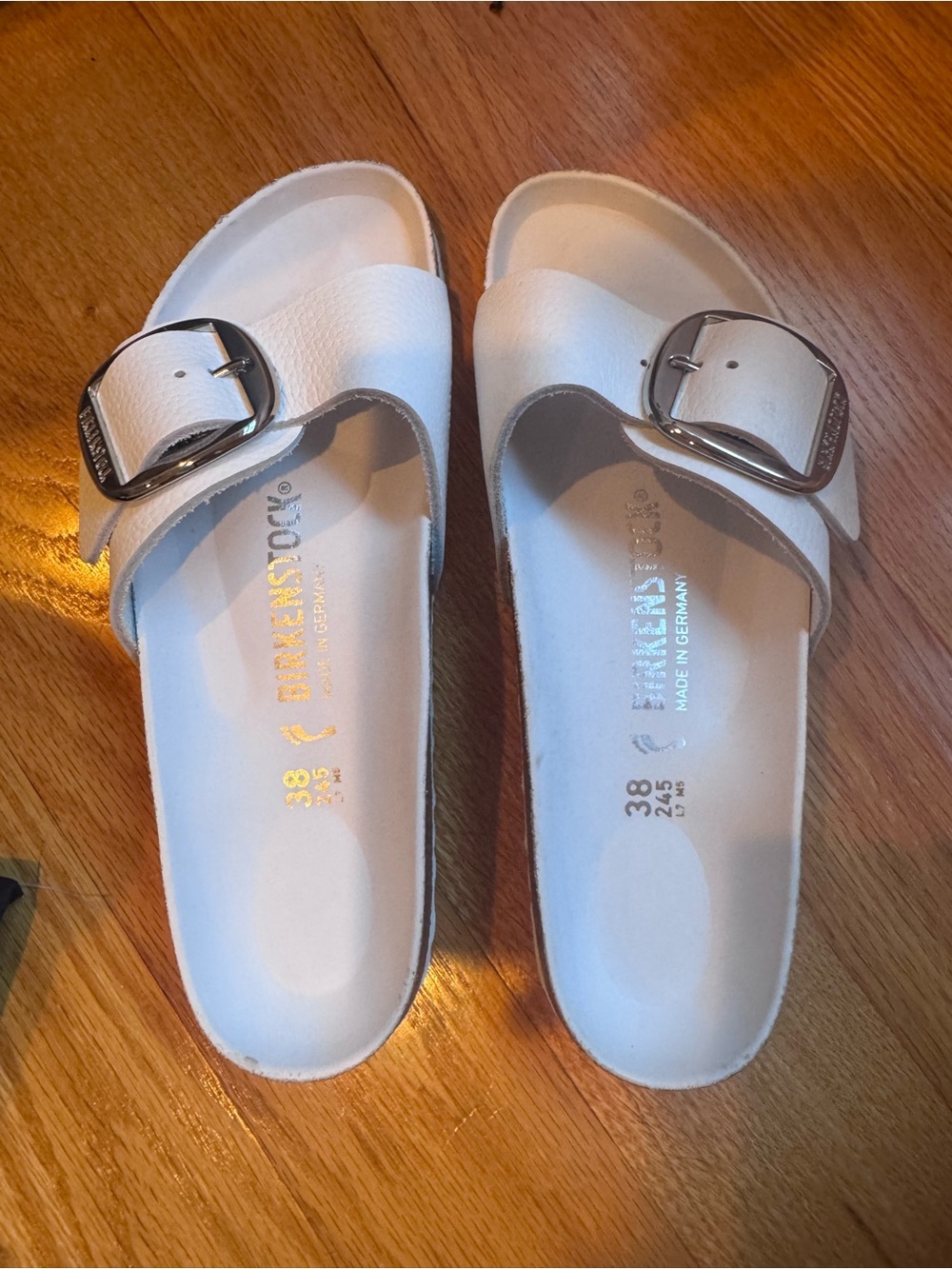 Birkenstock White Single-Band Madrid Slide Sandals with Silver Buckle - Women